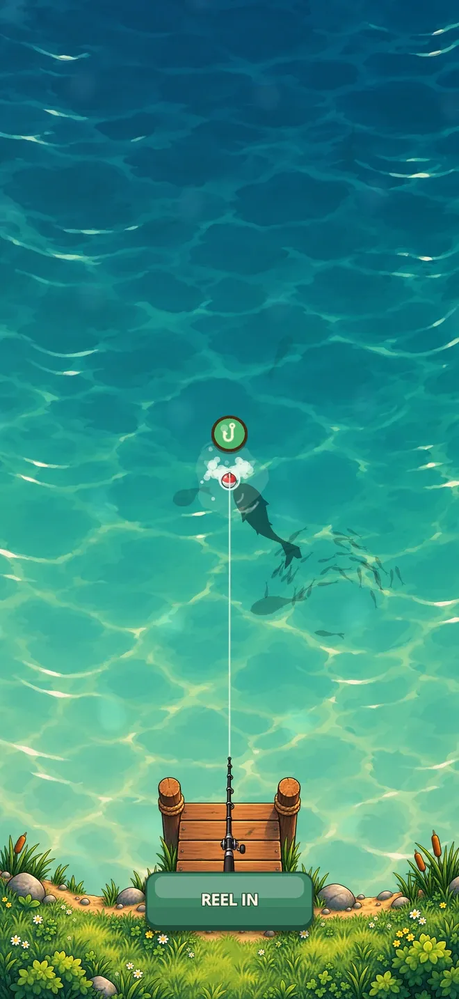 The float pulled right under in a splash, a fish beside it, with Reel in showing