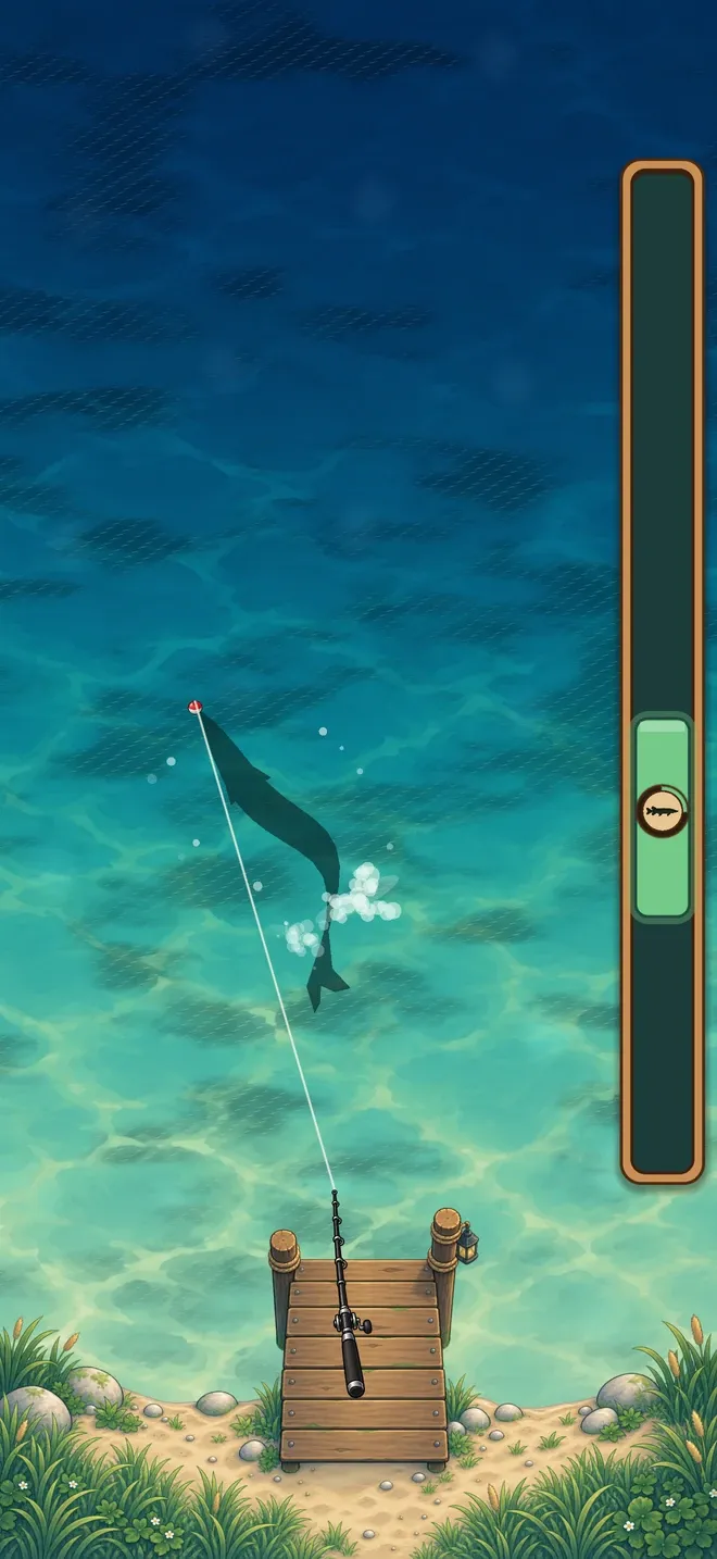 A fish fighting on the line, held inside the green catch bar