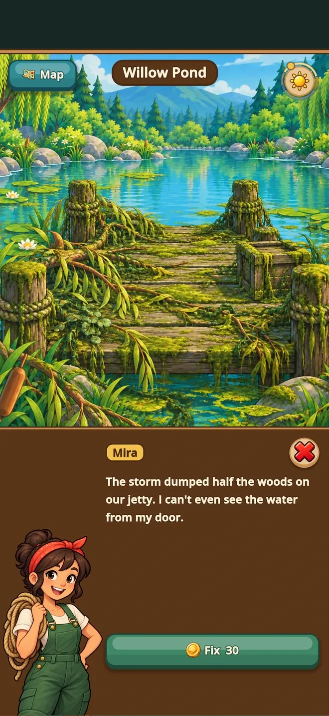 A storm-wrecked jetty overgrown with branches, its villager asking for help with the Fix button below