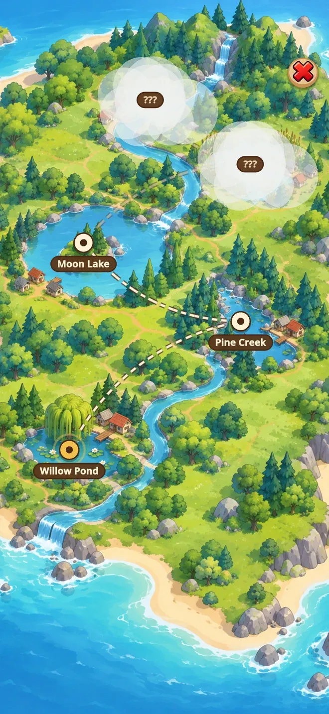 The island map, with a few places marked and the rest hidden under fog