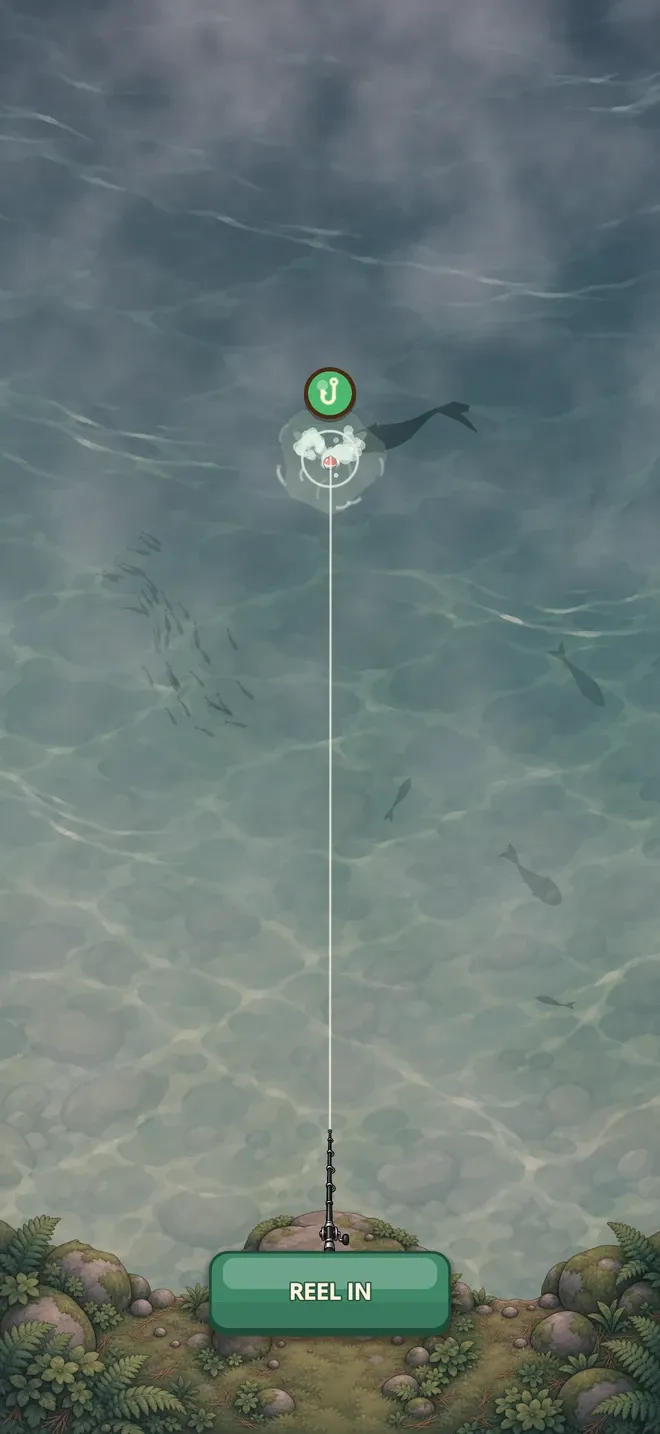Fog drifting over the water, a fish taking the float