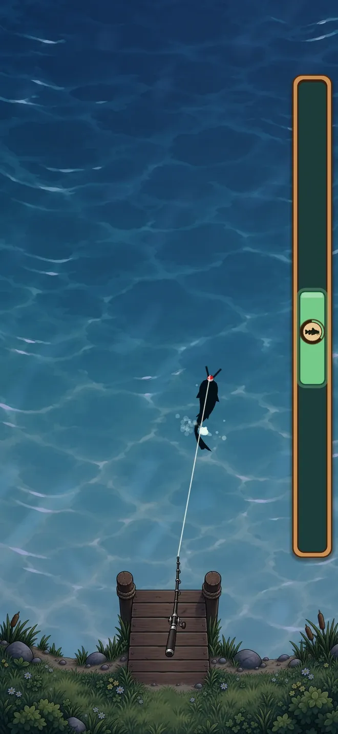 A fish on the line at night, held in the green catch bar