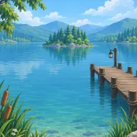 A deep, still lake with a lantern jetty