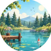 A wooden dock on a lily pond